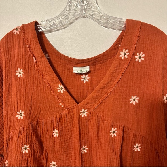 New'm V-Neck Ruffle Blouse in Rust Orange Short Sleeves Floral Daisy | Sz Large - Picture 3 of 11